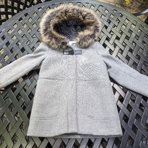 Zara Girls Wool Blend Vintage Grey Fake Fur Hooded Duffle Coat Jacket 9-10 Years